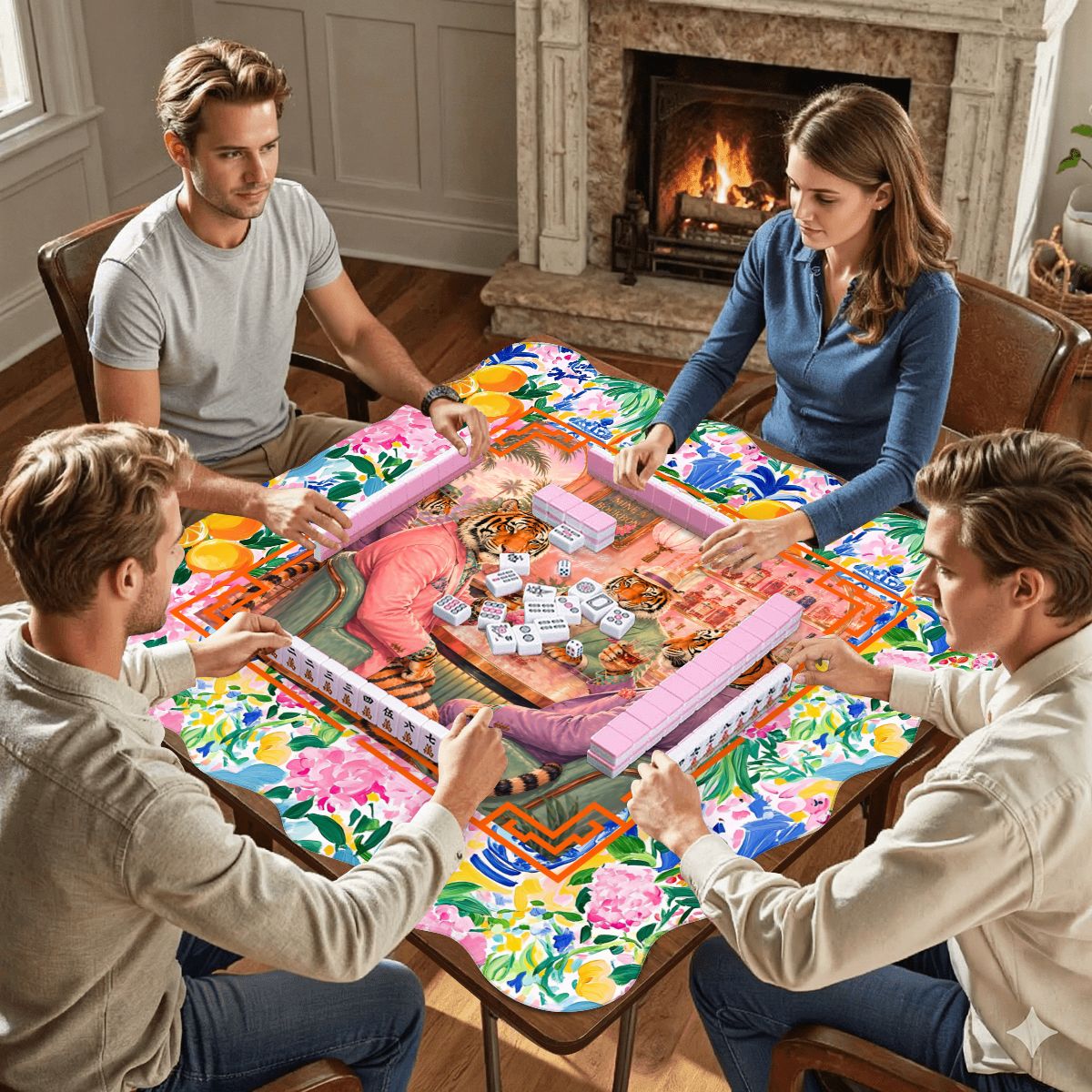 Bourbon And Tigers Oh My Chinoiserie Scalloped Mahjong Mat