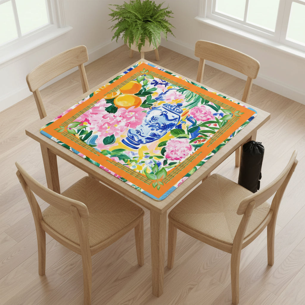 Asian Chinoiserie Citrus Orange, Blue Mahjong Mat