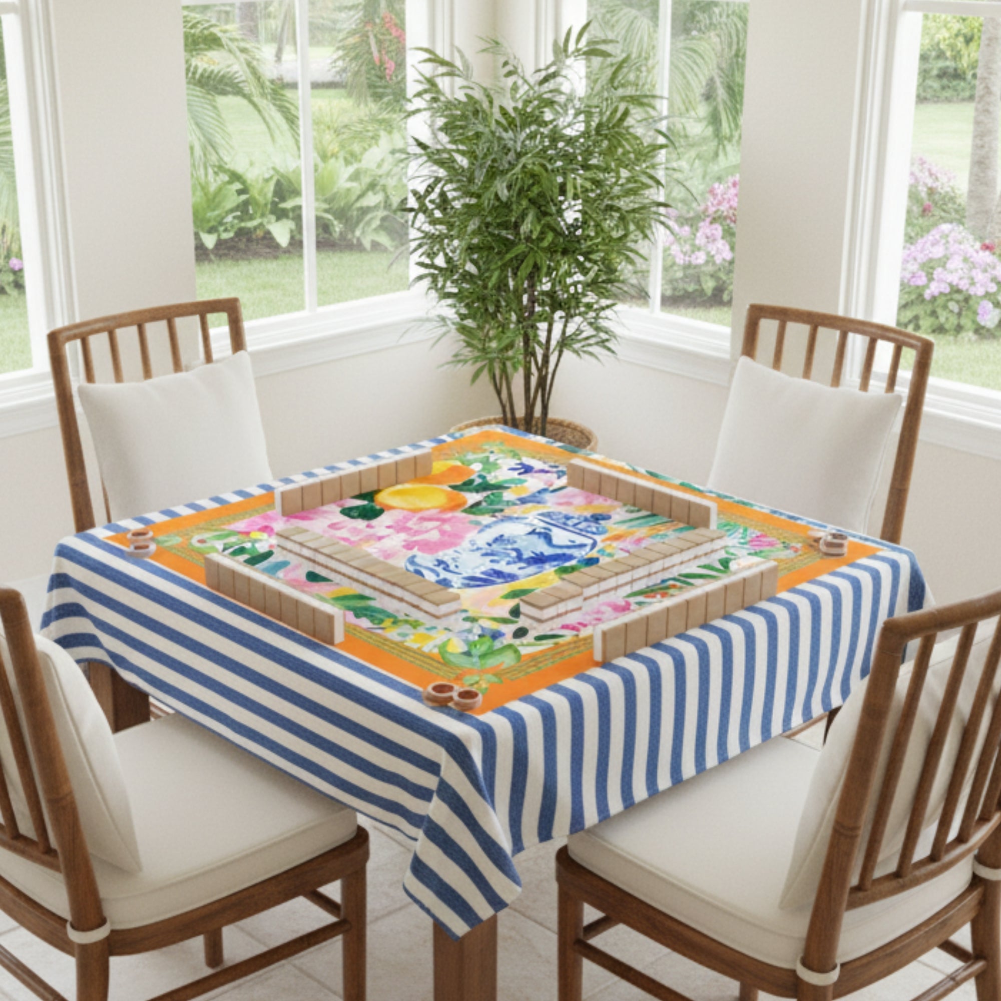 Asian Chinoiserie Citrus Orange, Blue Mahjong Mat