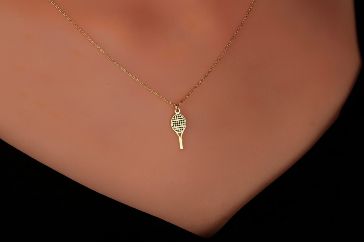 925 Sterling Silver Dazzling Tennis Racket Necklace - Dainty Gold Pendant for Tennis Lovers, Unique Sports Jewelry Gift