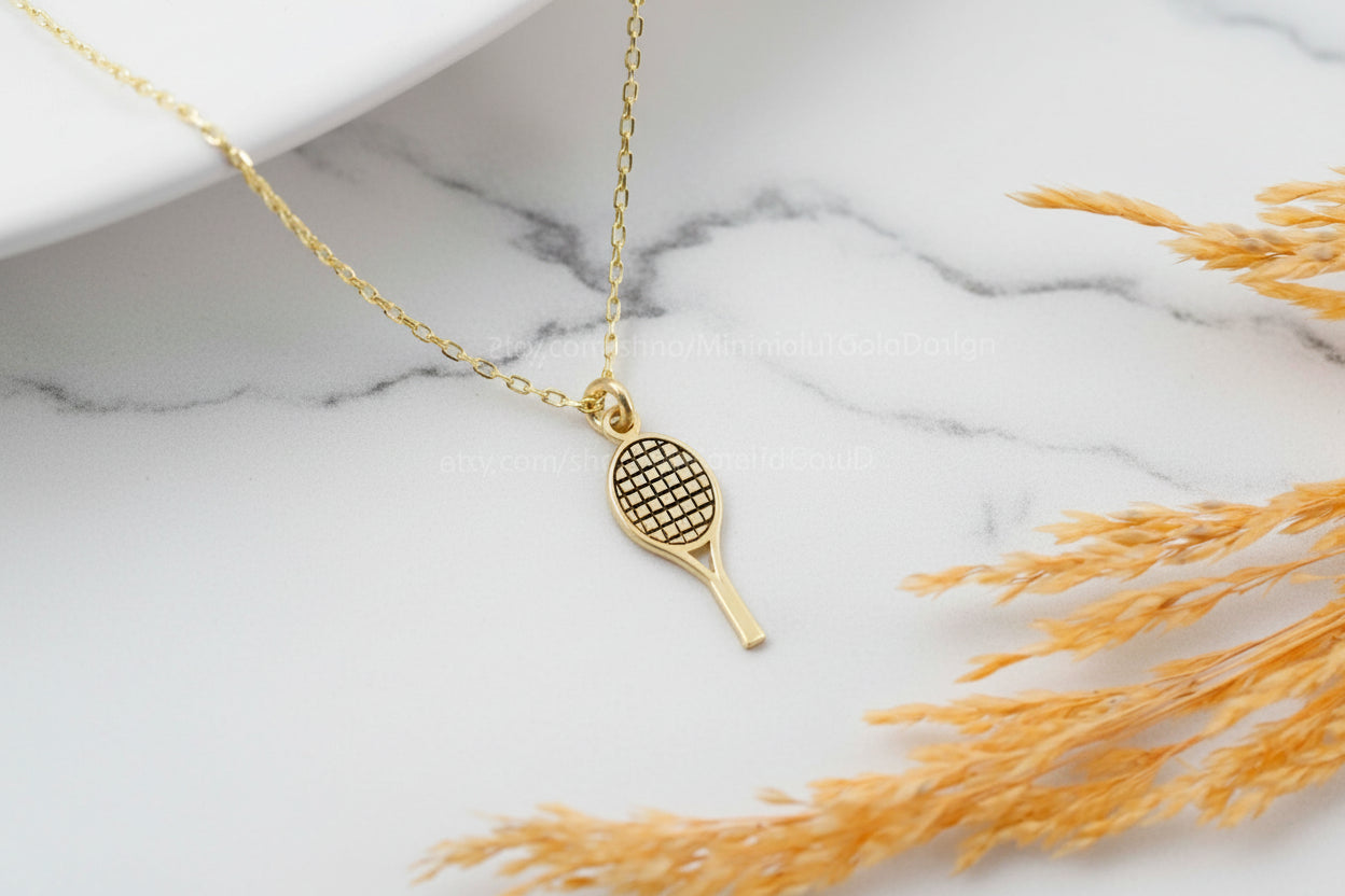 925 Sterling Silver Dazzling Tennis Racket Necklace - Dainty Gold Pendant for Tennis Lovers, Unique Sports Jewelry Gift